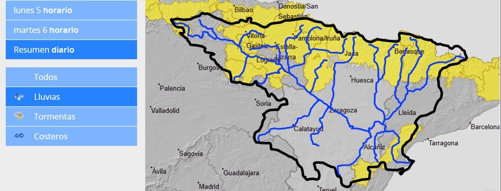 Como consecuencia de los avisos de la AEMET de lluvias intensas de hasta 15-20 l/m2 en 1 hora, la CHE advierte de la posibilidad de crecidas repentinas en barrancos y pequeños afluentes en la mitad norte de la Cuenca del Ebro Como consecuencia de los avisos de la AEMET de lluvias intensas de hasta 15-20 l/m2 en 1 hora, la CHE advierte de la posibilidad de crecidas repentinas en barrancos y pequeños afluentes en la mitad norte de la Cuenca del Ebro